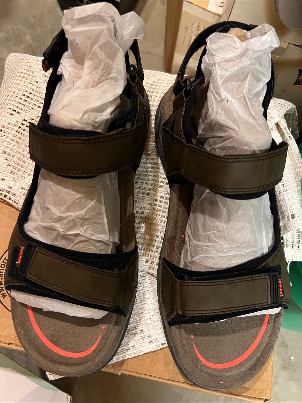 Earth Origins Men's Olive Brown Leather Sport Sandals with Coral Accents